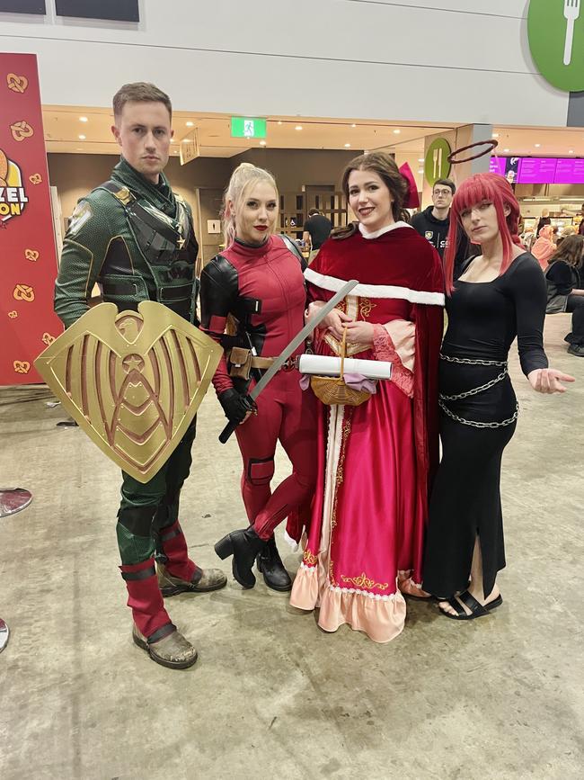 Andrew Bentley, Krissi Que, Jacinta Jade and Emma H at the Oz Comic Con in Melbourne on Saturday June 8, 2024. Picture: Jack Colantuono