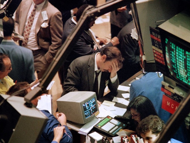 A trader on the New York Stock Exchange reacts as stocks plummeted on October 19, 1987. Picture: Maria Bastone/AFP/Getty Images