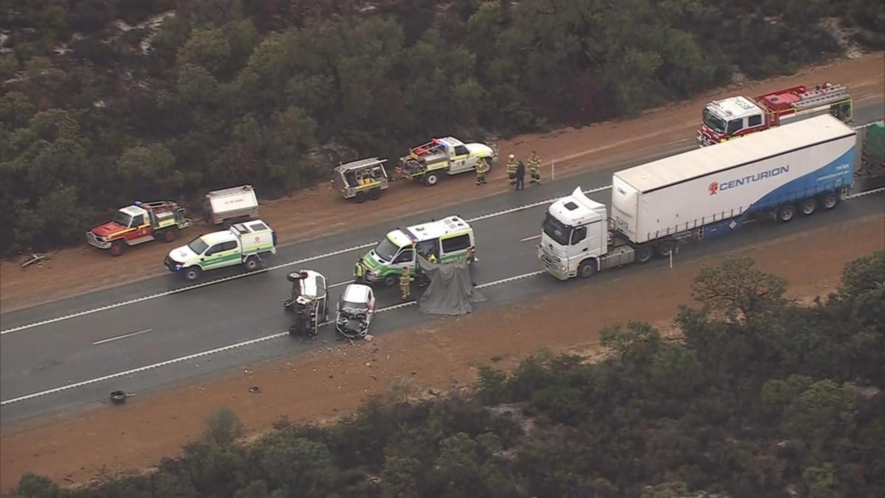 Two people died and a young girl was injured in the horror multi-vehicle car crash near Cooljarloo in the Wheatbelt. Picture: Supplied / 7 NEWS