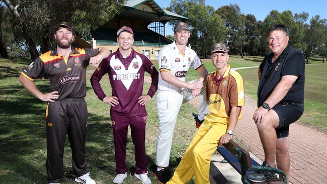 Members of the Kensington and Prospect cricket clubs, from left, Jake Brown, Paul Wasiewicz, Elliot Opie, Jamie Panelli and Andrew Zesers, at Kensington Oval when the clubs met in a one-off game at the ground in 2020. Picture: Sarah Reed.