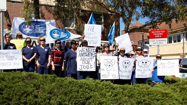 Manly Hospital staff wear blindfolds in protest about lack of progress in job matching for new Northern Beaches Hospital. Picture: Supplied.