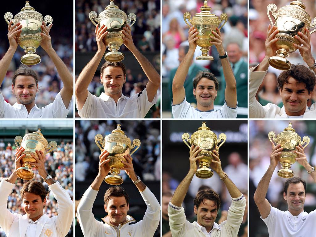 Roger Federer’s eight Wimbledon titles. Picture: AFP