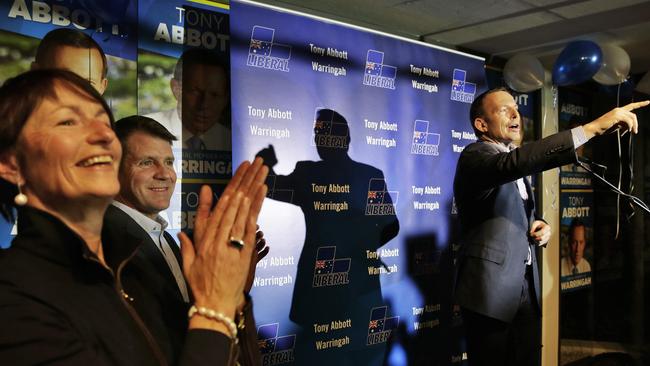 Tony Abbott points out his mum in the crowd. Picture: Braden Fastier