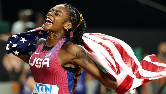 Sha'Carri Richardson celebrates winning the women's 100m final. Picture: Getty Images