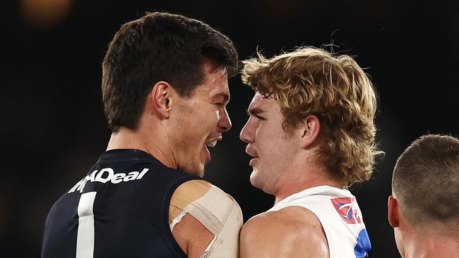 Jason Horne-Francis and Jack SIlvagni scuffle. Picture: Michael Klein