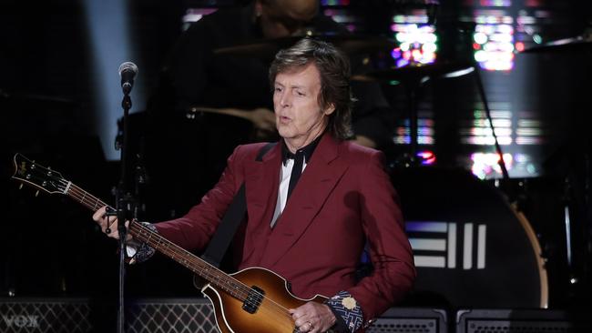Yeezus fan ... Paul McCartney performs on August 14 at Candlestick Park in San Francisco. The Beatles legend is secretly recording with Kanye West. Picture: AP