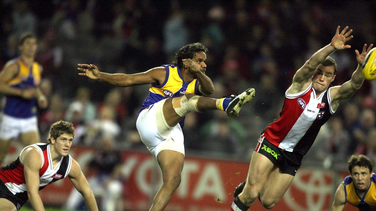 St Kilda v West Coast Eagles. Telstra Dome. Ashley Sampi kicks the ball forward.