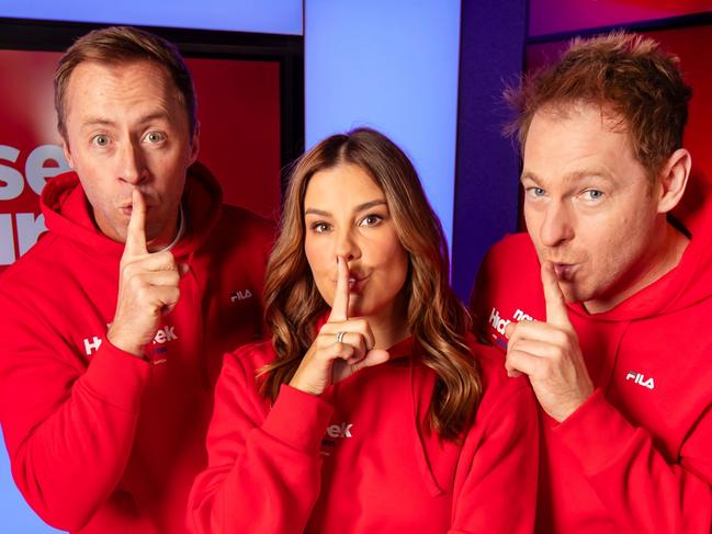 Clint Stanaway, Lauren Phillips and Jase Hawkins have a $250,000 Hide and Seek competition running for Nova 100 listeners. It is their big entry into the Melbourne breakfast radio wars big value competition spend.Picture: Supplied/Nova