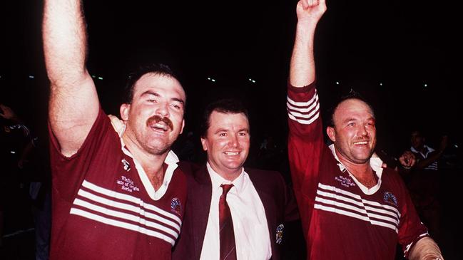 Martin Bella and Wally Lewis with coach Graham Lowe in 1991.