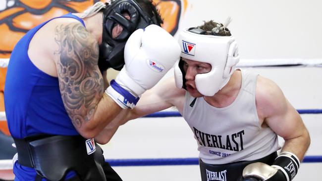 Jeff Horn (right) spars Adrian Rodriguez. Pictture: Nigel Hallett