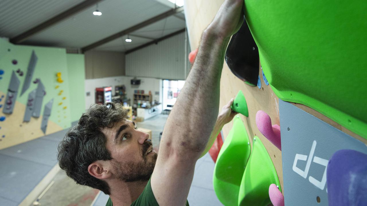 Climb Toowoomba head setter/coach Nick Marrington shows his skills at the newly opened indoor bouldering gym, Monday, October 14, 2024. Picture: Kevin Farmer