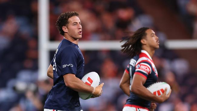 Mark Nawaqanitawase and Dom Young will line up on the right edge for the Roosters. Picture: Cameron Spencer/Getty Images