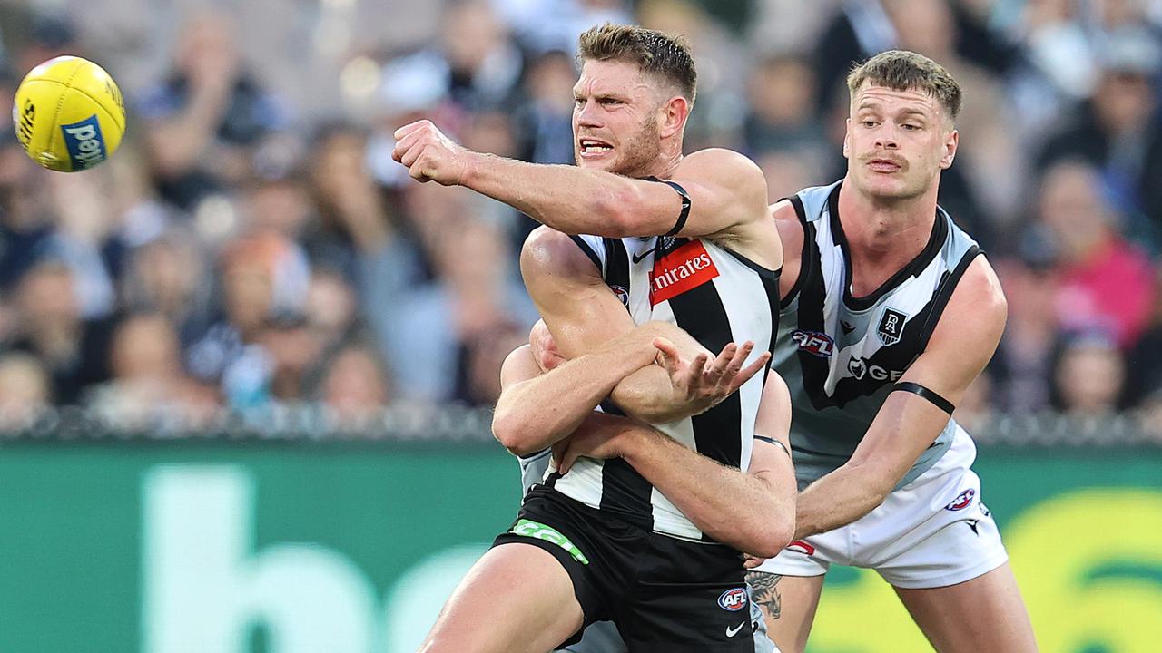 Collingwood midfielder Taylor Adams fires out a handpass against Port Adelaide earlier this year. Picture: Michael Klein