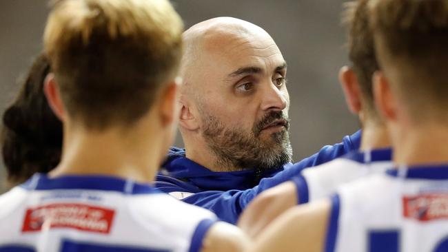 Rhyce Shaw addresses his players against the Western Bulldogs in Round 5. Picture: Michael Willson/AFL Photos via Getty Images