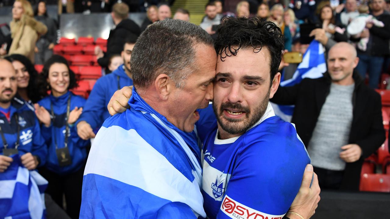 An emotional Adam Vrahnos of Greece soaks up the atmosphere after the match. Picture: Getty