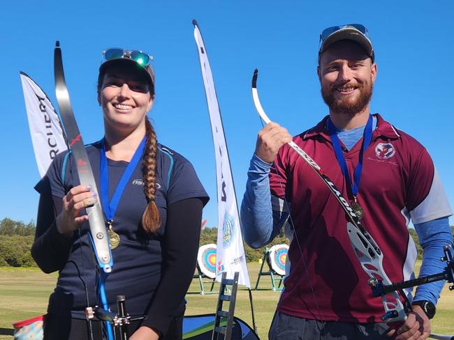 (L-R) Kim Lavender and Kane Wilson, Open Female and Male Recurve champions, ASNSW Short Distance Archery Championship, at Sydney Olympic Park, 27 May, 2023. Picture: VT Nguyen (Sydney Olympic Park Archery)