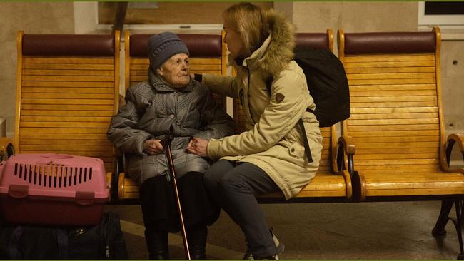 An elderly woman waiting to board an evacuation train in Kherson this week. Picture: Chris Mcgrath/Getty Images/The Times