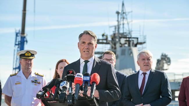 Richard Marles after signing a co-operation agreement to build the AUSKUS submarines at the Osborne Naval Shipyard. Picture: NCA NewsWire / Brenton Edwards