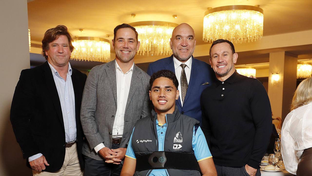 Joseph Pouniu pictured with (L-R) Des Hasler, Cameron Smith, Gordon Tallis and Matthew Johns at a fundraiser. Picture: Josh Woning