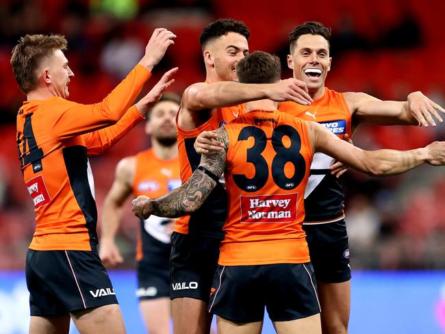 The Giants have had plenty to celebrate in the past three months but a loss on Sunday could still end their season. Picture: Brendon Thorne/AFL Photos/via Getty Images