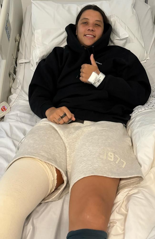 Sam Kerr recovering from her January 2024 injury in hospital. Picture: Instagram / Supplied