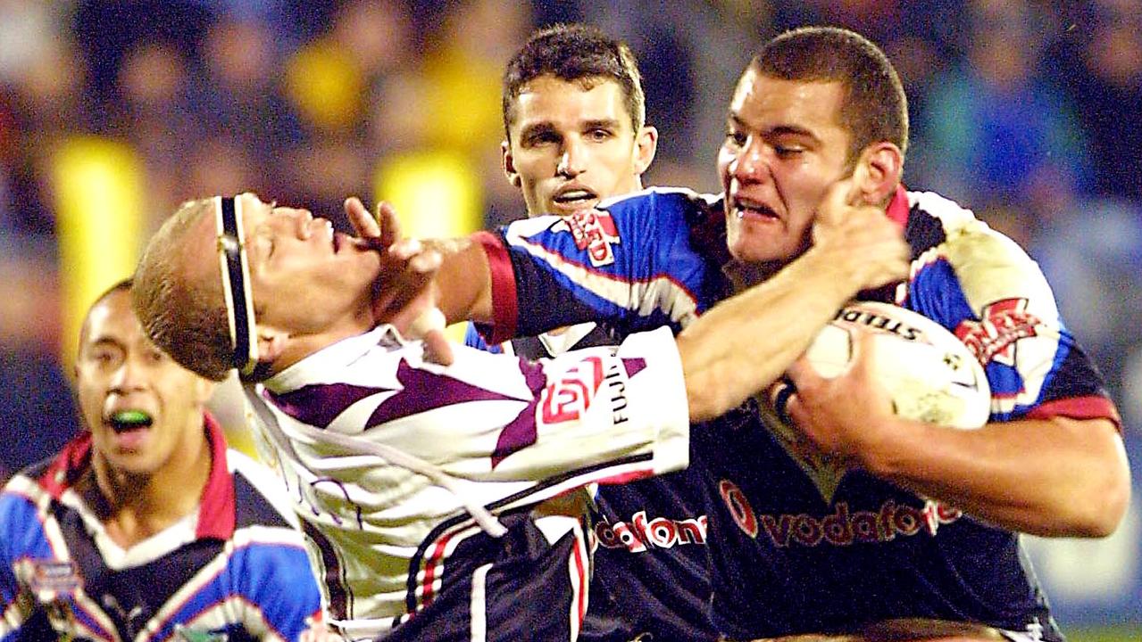 Geoff Toovey (left) in action against the Warriors during his playing days.