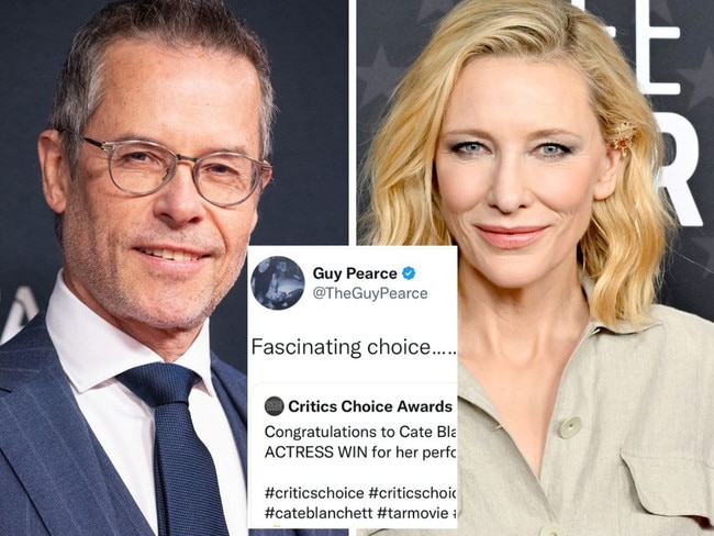 Guy Pearce appears to take a shot at Cate Blanchett in since-deleted tweets. Picture: Twitter.