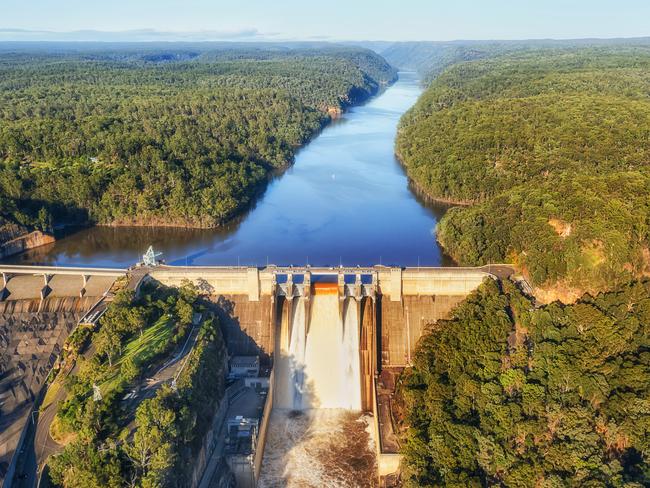 Spilling overflowing Warragamba dam in Greater Sydney Blue Mountains of Australia after strong torrential rains.