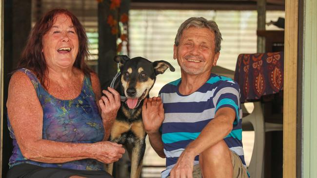 Cosmo the old dog went missing on the drive up to Darwin and was returned by Karl Brand to owner Anne O’Dwyer 10 days later. Picture: Glenn Campbell