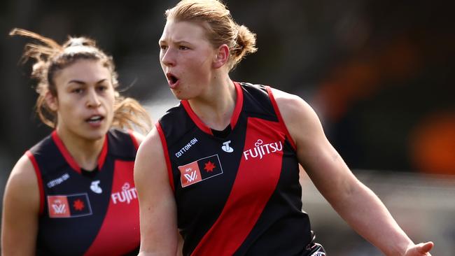 Paige Scott celebrates a goal for Essendon. Picture by Michael Klein