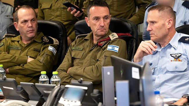 Israel’s military chief Lieutenant General Herzi Halevi (C), attends a meeting at the Israeli Air Force Operations Centrer in Kirya in Tel Aviv with the commanding officers of the Israeli Air Force, the operations directorate and the intelligence directorate. Picture: Israel Army via AFP.