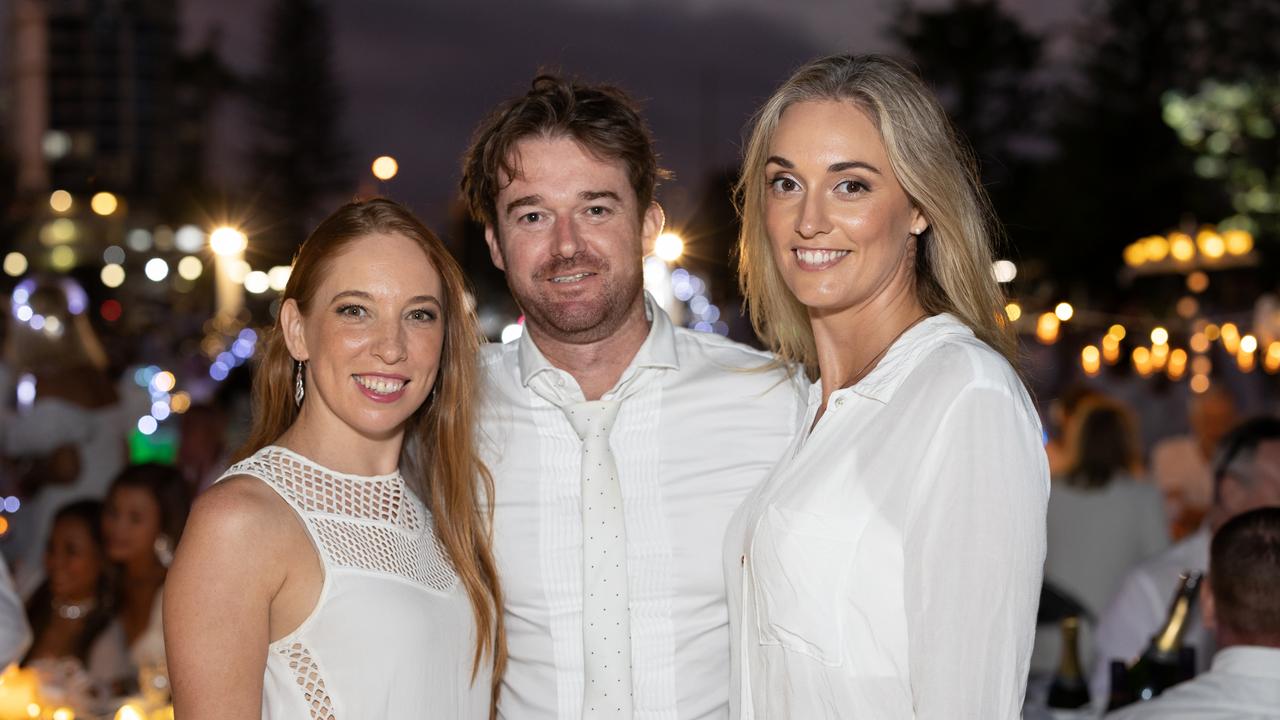 Corina Hough, Brad Wood, and Sarah Hill. The Pulse for DÃ&#131;Â®ner en Blanc Gold Coast at Broadbeach Park on April 22, 2023. Picture: Celeste Humphrey