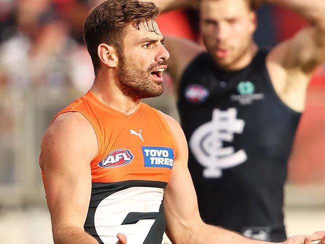SYDNEY, AUSTRALIA - APRIL 01: Stephen Coniglio of the Giants appeals to the referee during the round three AFL match between Greater Western Sydney Giants and Carlton Blues at GIANTS Stadium, on April 01, 2023, in Sydney, Australia. (Photo by Mark Kolbe/Getty Images)