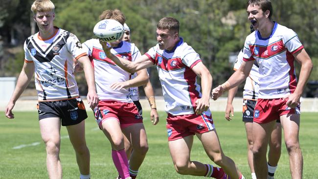 Gabriel Chauvin (left) and Jack Edwards celebrate. Picture: Martin Ollman. SLE Andrew Johns Cup  Round 2 - Monaro Colts vs Macarthur Wests Tigers  NSWRLHQ Bruce, Canberra, 17 February 2025