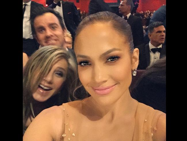 Jennifer Lopez at the Oscars 2015 via Instagram, “Photo bombed by my favorite couple Jennifer and Justin #Oscars”