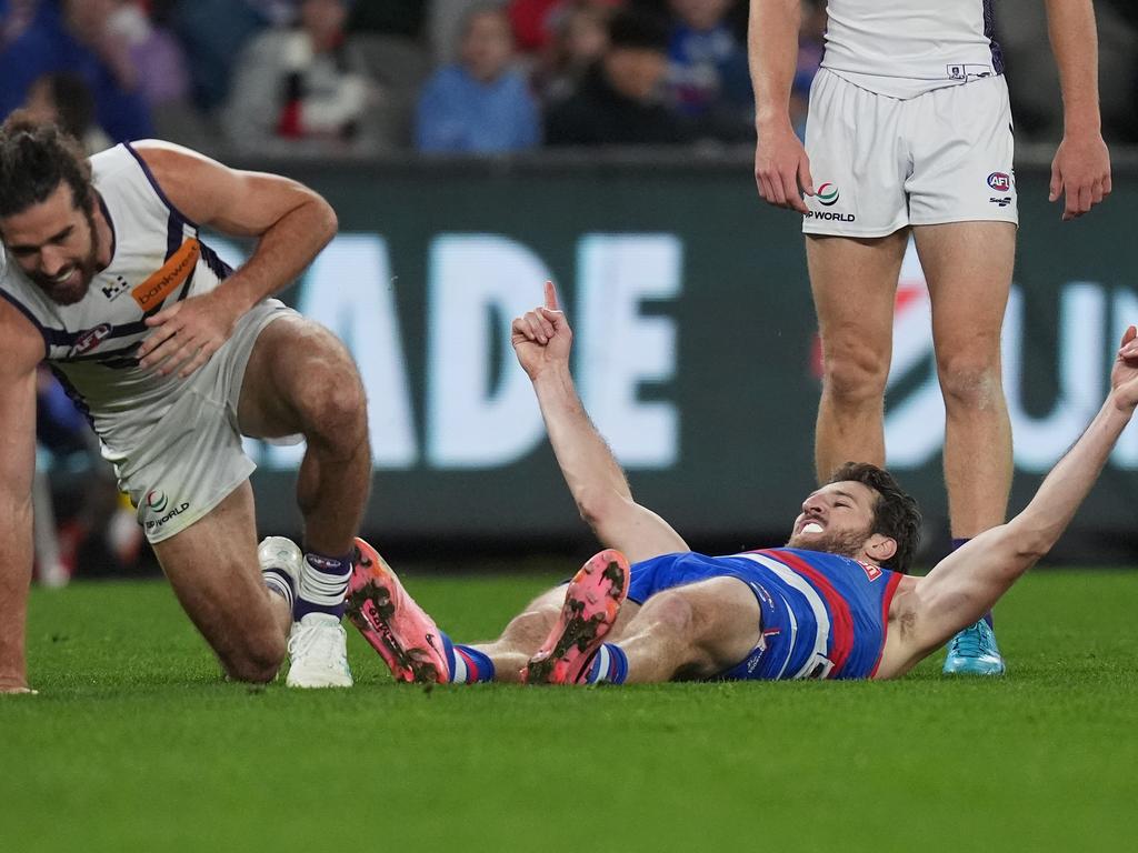 MELBOURNE, AUSTRALIA - JUNE 15: Marcus Bontempelli of the Bulldogs celebrates kicking a goal during the round 14 AFL match between Western Bulldogs and Fremantle Dockers at Marvel Stadium, on June 15, 2024, in Melbourne, Australia. (Photo by Daniel Pockett/Getty Images)