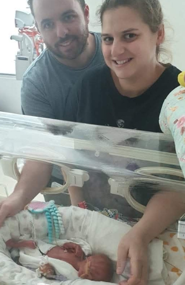 Billie Garey weighed just 620g at birth and was one of the extremely premature babies on the Monash trial. Pictured with her mum Rhianna and dad Sam Garey. Picture: Supplied