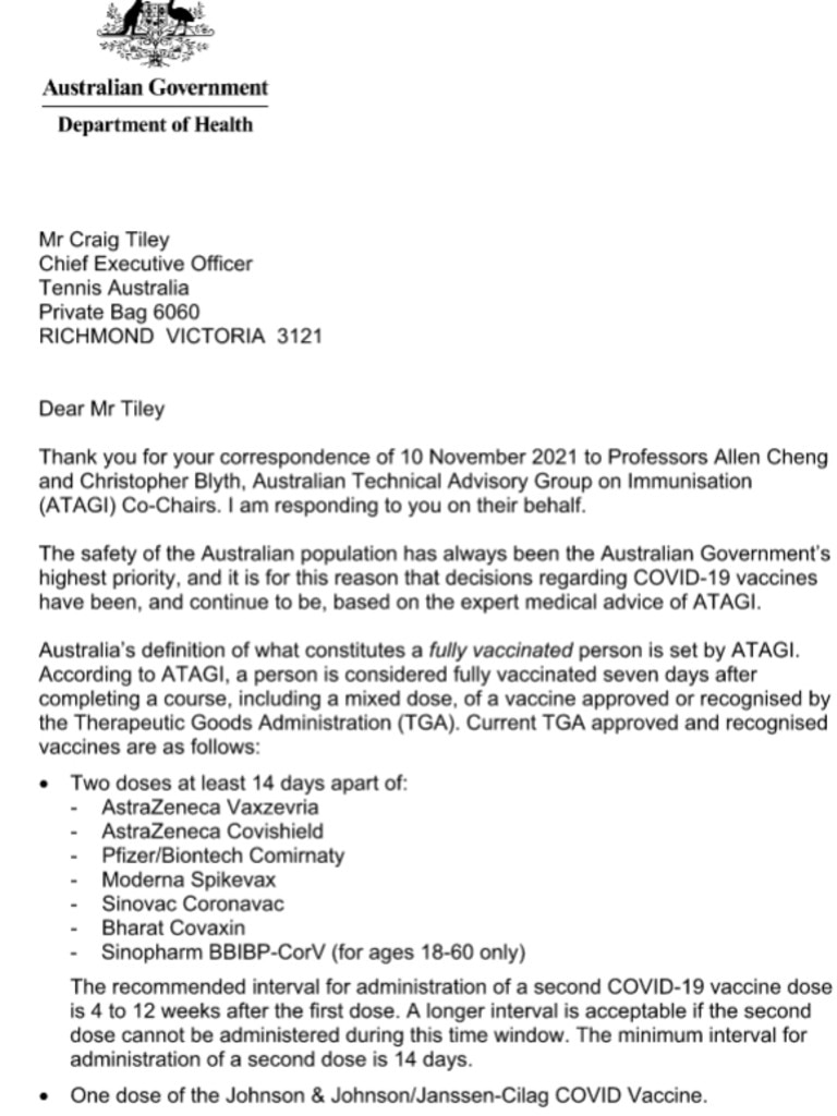 The first page of the letter sent by the federal health department to Tennis Australia.