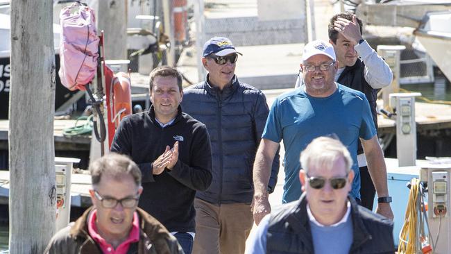 Richard Riordan, Matthew Guy, David Southwick, David Davis (front), Tim Bull (middle back) and Matthew Bach leave the Westernport Marina in Hastings Picture: Aaron Francis/The Australian