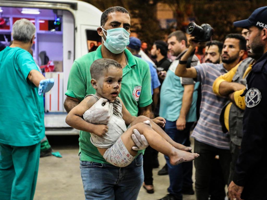 Palestinians injured in Israeli air raids arrive at Nasser Medical Hospital in Khan Yunis, Gaza. Picture: Getty Images