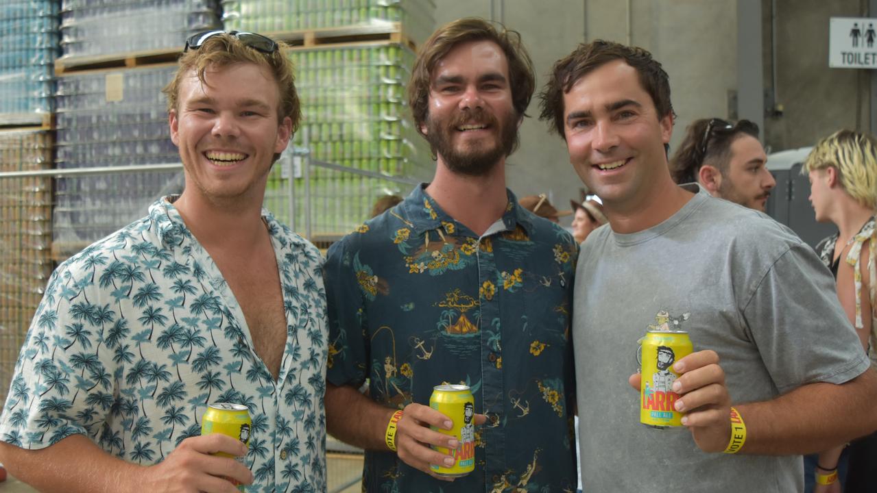 Joe Campbell, Matt Johnson and Sam Campbell at Your Mates Beer Day Out in Warana on December 10, 2022. Picture: Sam Turner