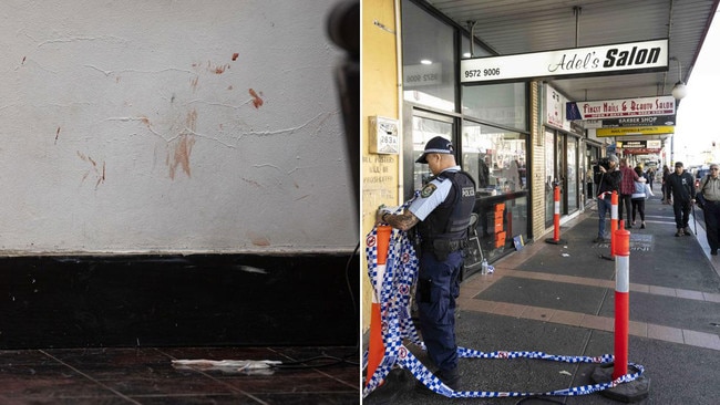 Blood can be seen on the wall of the Marrickville barber shop where a double shooting occurred on Friday. Pictures: News Corp