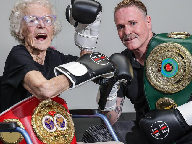 Boxing Grandma Elsie Humphrey, a 91-year-old grandmother has taken up boxing. She trains at Hit Fit gym in Ravenhall. Her favourite boxer is Lester Ellis. Lester's son Darcy is the founder of Hit Fit. Picture: Ian Currie