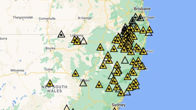 Firefighters in NSW are battling more than 90 blazes as authorities there try to manage their own bushfire emergency. Picture: Fires Near Me