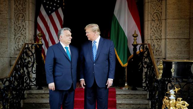 Donald Trump welcomes Viktor Orban to his Mar-a-Lago estate in Palm Beach, Florida. Picture: AFP