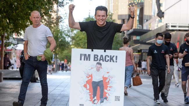 Former Senator Nick Xenophon handing out election pamphlets in Rundle Mall to drum up support for his latest federal Senate bid. Picture: Brenton Edwards