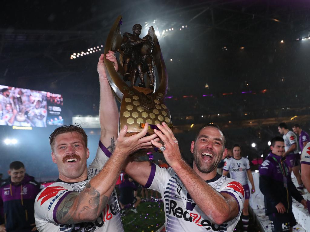 Cameron Munster and Cameron Smith celebrate victory after the 2020 NRL Grand Final. Picture: Brett Costello