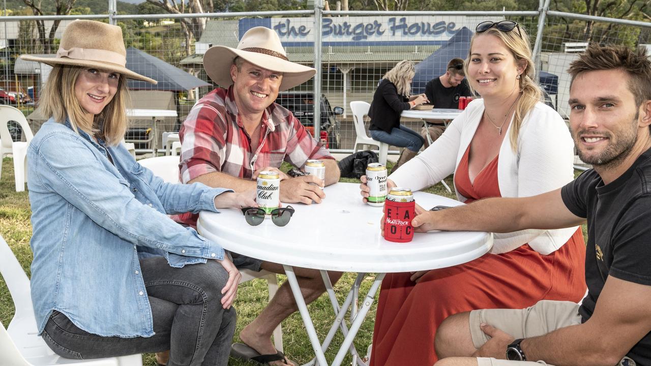 (from left) Max Hunter, Anthony Miles, Kellie Heathwood and Ryan Heathwood at Meatstock, Toowoomba Showgrounds. Saturday, April 9, 2022. Picture: Nev Madsen.