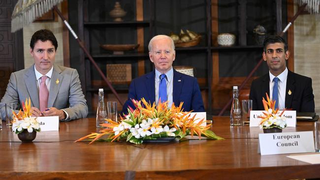 Canadian Prime Minister Justin Trudeau, US President Joe Biden and Britain Prime Minister Rishi Sunak gather with G7 world leaders on the sidelines of the G20 meeting in Bali to discuss the missile strike on Poland. Picture: AFP