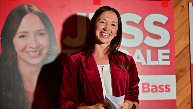 LAUNCESTON, TASMANIA, NewsWire Photos. 3 MAY, 2025. Jess Teesdale, Labor candidate for the Northern Tasmanian seat of Bass, speaks to the party faithful at the Launceston Rugby Club after the results for the seat of Bass come in. Picture: NewsWire/ Scott Gelston